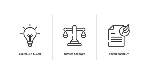 Poster - marketing and seo outline icons set. thin line icons sheet included lightbulb black tool shape, justice balance, fresh content vector.