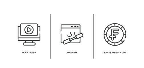 Poster - business and finance outline icons set. thin line icons sheet included play video, add link, swiss franc coin vector.