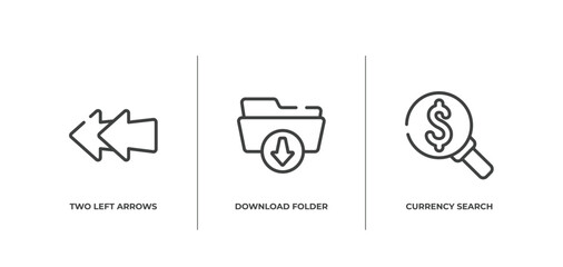 Poster - business and finance outline icons set. thin line icons sheet included two left arrows, download folder, currency search vector.