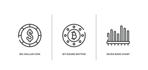 Sticker - business and finance outline icons set. thin line icons sheet included big dollar coin, bit round button, seven bars chart vector.