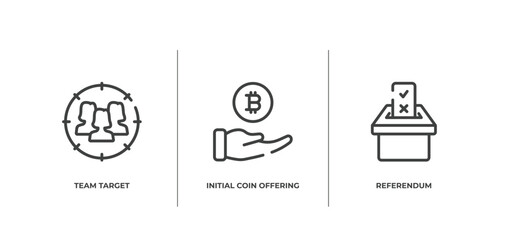 Poster - general outline icons set. thin line icons sheet included team target, initial coin offering, referendum vector.