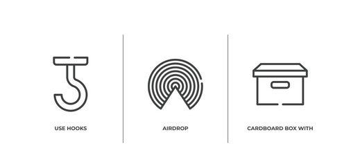 Poster - boxes outline icons set. thin line icons sheet included use hooks, airdrop, cardboard box with lid vector.