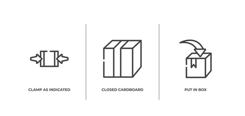 Poster - shipping and handly outline icons set. thin line icons sheet included clamp as indicated, closed cardboard box with packing tape, put in box vector.