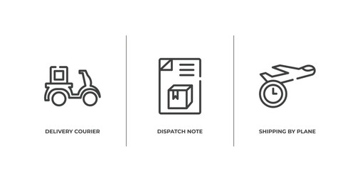 shipping and handly outline icons set. thin line icons sheet included delivery courier, dispatch note, shipping by plane vector.