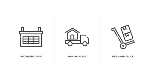 Poster - shipping and handly outline icons set. thin line icons sheet included organizing grid, moving home, use hand truck vector.