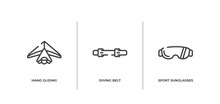Adventure Sports Outline Icons Set. Thin Line Icons Sheet Included Hang Gliding, Diving Belt, Sport Sunglasses Vector.