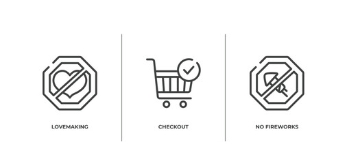 Poster - signal and prohibitions outline icons set. thin line icons sheet included lovemaking, checkout, no fireworks vector.