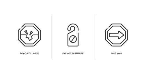 universal warning signals outline icons set. thin line icons sheet included road collapse, do not disturbe, one way vector.