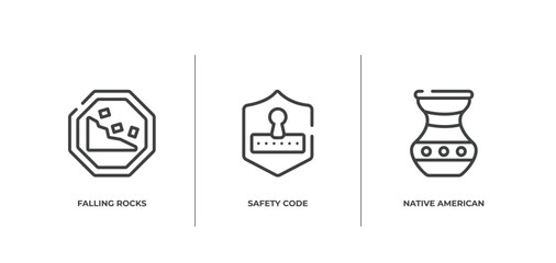 Poster - american indigenous outline icons set. thin line icons sheet included falling rocks, safety code, native american pot vector.