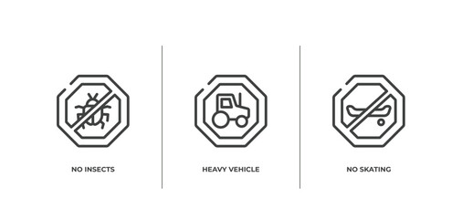 signal and prohibitions outline icons set. thin line icons sheet included no insects, heavy vehicle, no skating vector.