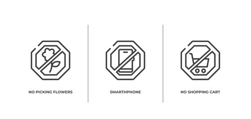 Poster - signal and prohibitions outline icons set. thin line icons sheet included no picking flowers, smarthphone, no shopping cart vector.