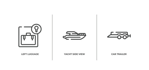 Poster - transporters outline icons set. thin line icons sheet included left luggage, yacht side view, car trailer vector.