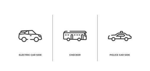 Wall Mural - transporters outline icons set. thin line icons sheet included electric car side view, checker, police car side view vector.