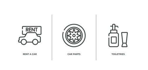 Poster - travel accessories outline icons set. thin line icons sheet included rent a car, car parts, toiletries vector.