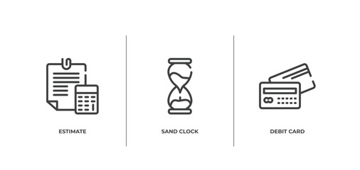 Poster - payment outline icons set. thin line icons sheet included estimate, sand clock, debit card vector.