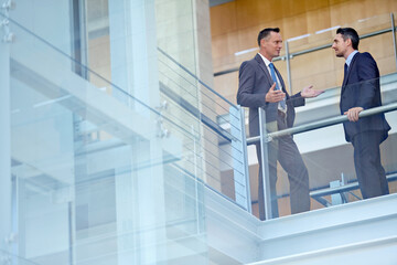 Poster - Teamwork, collaboration or business people in office building lobby for communication, planning or speaking strategy. Corporate, manager or employees for meeting, idea discussion or talking together