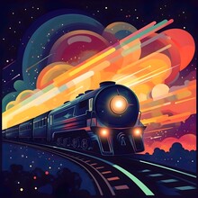 Train On The Background Of The Night. Train Fly In Cosmos To Galaxy Stars. Vintage Psychodelic Poster. 