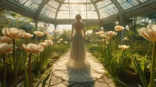 Woman Wearing A Dress Walking In A Victorian Green House Filled With Tulip Flowers.  Made With Generative AI.
