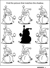 Wall Mural - Shadow game with cute little snowman decorating christmas tree: Find the picture that matches the shadow. Answer incuded.
