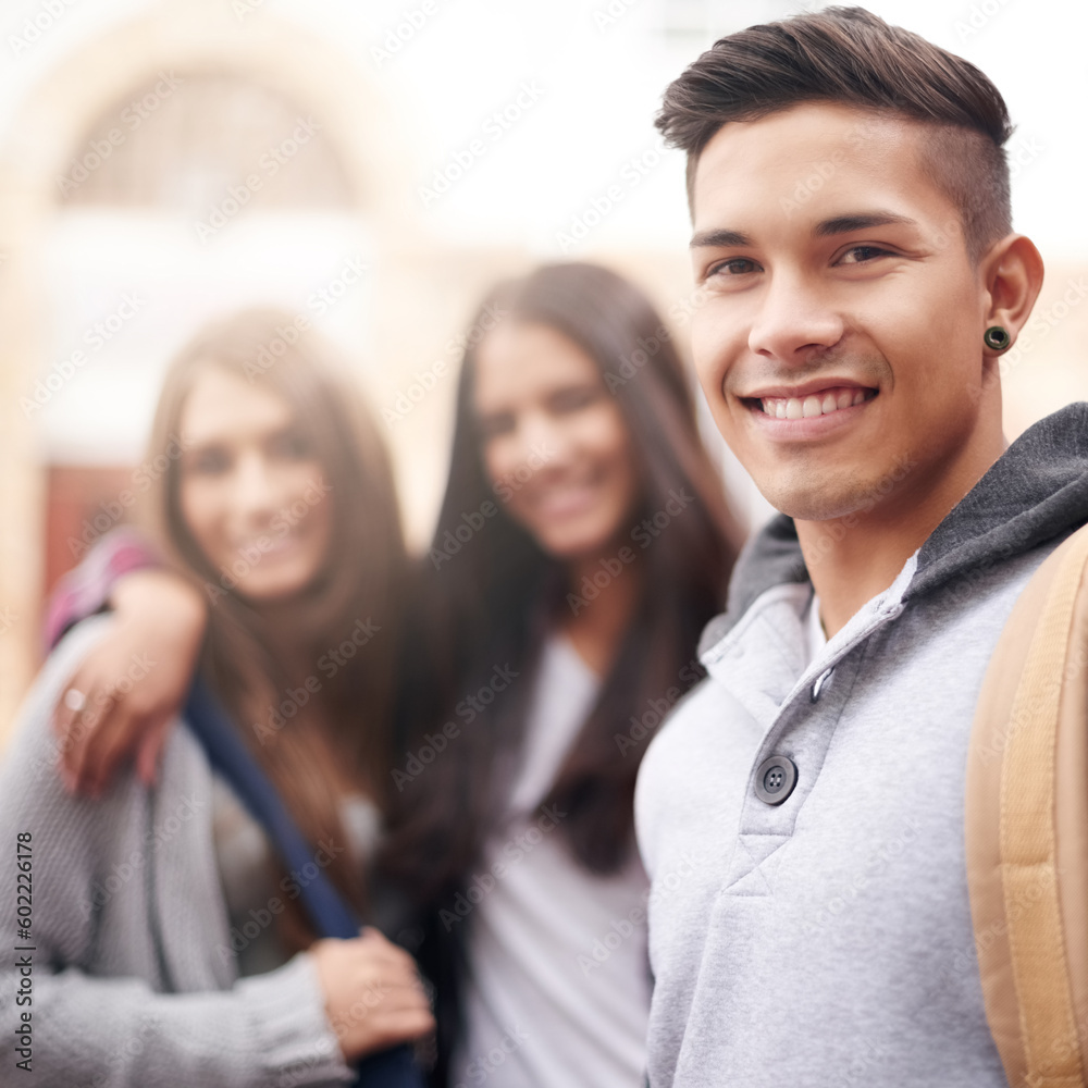 Education, university and portrait of man with smile ready for studying ...
