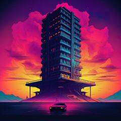 Canvas Print - Retrowave building, ai generated