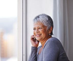 Canvas Print - Phone call conversation, window view and elderly woman smile, communication and talking to retirement contact. Listening, connection and senior female person, lady or cellphone user chat on mobile