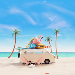 summer vacation, travel holiday, van and beach accessories with beautiful sea background. 3d renderi