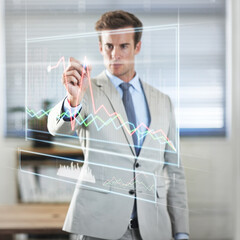Aufkleber - Corporate, hologram and man with graphs, investment and brainstorming for profit growth, planning and software update. Male person, accountant or employee with ideas, financial worker and holographic