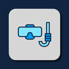 Sticker - Filled outline Diving mask and snorkel icon isolated on blue background. Extreme sport. Diving underwater equipment. Vector