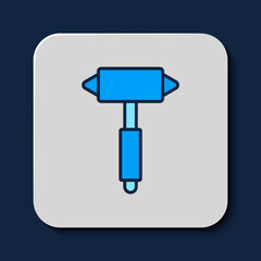 Poster - Filled outline Firefighter axe icon isolated on blue background. Fire axe. Vector