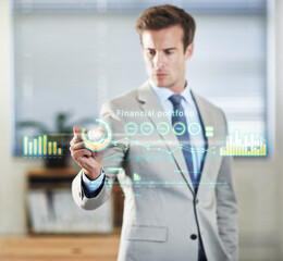 Poster - Financial portfolio, graphic and man planning, investment and innovation at a workplace. Male accountant, employee and worker with holographic charts, budget and hologram graphs of futuristic growth