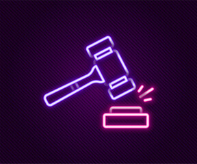 Sticker - Glowing neon line Auction hammer icon isolated on black background. Gavel - hammer of judge or auctioneer. Bidding process, deal done. Auction bidding. Colorful outline concept. Vector