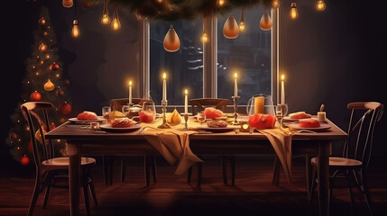 Wall Mural - Christmas eve dinner with decorated table and hanging Xmas tree branches. Generative Ai