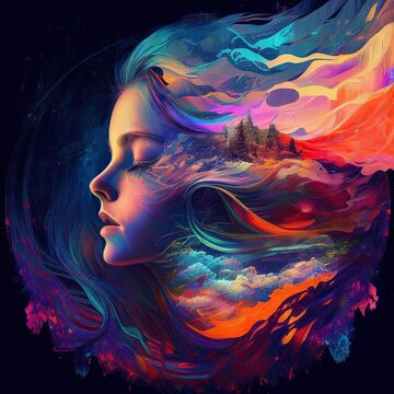 Wall Mural -  - woman blue and orange fantastic story in sleep abstract elegant modern ai generated illustration Generative AI