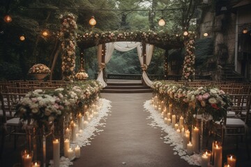 Beautifully Decorated Outdoor Summer Wedding Venue with Flowers, Fairy Lights and Ribbons generative AI