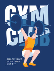 Gym poster design with athletic man with barbell on large text background. Advertising flyer, postcard. Vector flat illustration