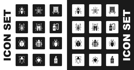 Sticker - Set Hive for bees, Beetle bug, deer, Ant, Pressure sprayer, Mosquito, and Mite icon. Vector