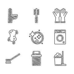 Sticker - Set Washing dishes, Trash can, Mop and bucket, Washer, Brush for cleaning, Sponge, Rubber gloves and Toilet bowl icon. Vector