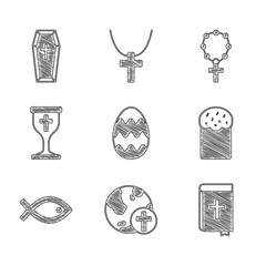 Wall Mural - Set Easter egg, Christian cross with globe, Holy bible book, cake, fish symbol, chalice, Rosary beads religion and Coffin icon. Vector