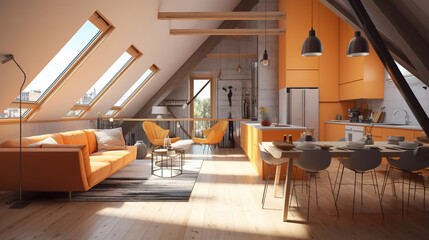 Wall Mural - Modern open-plan apartment in attic, loft style, 3d render, Bright color. Generative Ai