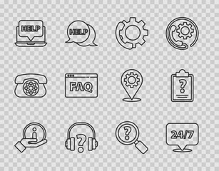 Wall Mural - Set line Information, Clock 24 hours, Telephone support, Headphones, Laptop and help, Browser FAQ, Unknown search and Clipboard with question marks icon. Vector