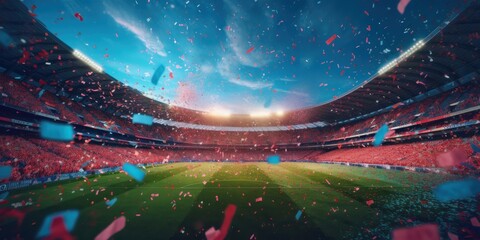 Soccer stadium with confetti as its peak moment background. Generative AI