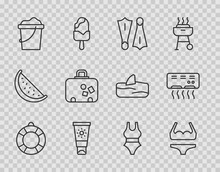 Set Line Lifebuoy, Swimsuit, Rubber Flippers For Swimming, Sunscreen Cream Tube, Sand Bucket, Suitcase, And Air Conditioner Icon. Vector