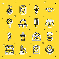 Wall Mural - Set line Clown head, Weight, Attraction carousel, Ice cream in waffle cone, Roller coaster, Lollipop, Unicycle or wheel bicycle and icon. Vector