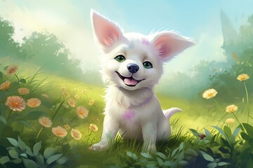Wall Mural - a cartoon depiction of a white dog sitting in a meadow filled with flowers Generative AI