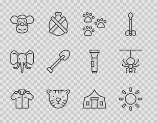 Canvas Print - Set line Shirt, Sun, Paw print, Tiger head, Monkey, Shovel, Tourist tent and Spider icon. Vector