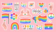 LGBT sticker pack on pink background. LGBTQ set. Symbol of the LGBT pride community. Rainbow elements.