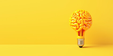 Lightbulb as brain shape yellow background, creative ideas and brainstorming concept. Generative AI