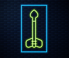 Poster - Glowing neon line Arrow icon isolated on brick wall background. Vector