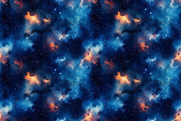 Dark blue seamless pattern with constellations, stars and clouds. Generative AI illustration